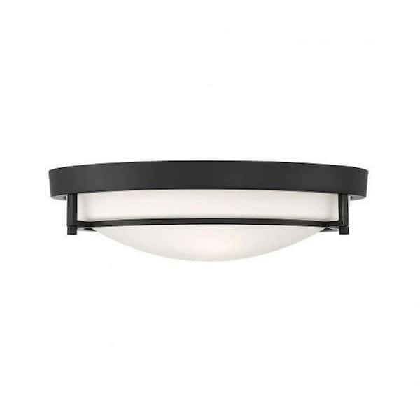 Meridian 13 in. W x 4 in. H 2-Light Semi-Flush Mount with Matte Black Metal Ring and White Glass Shade