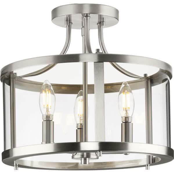 Gilliam 13 in. 3-Light Brushed Nickel Semi-Flush Mount with Clear Glass Shade