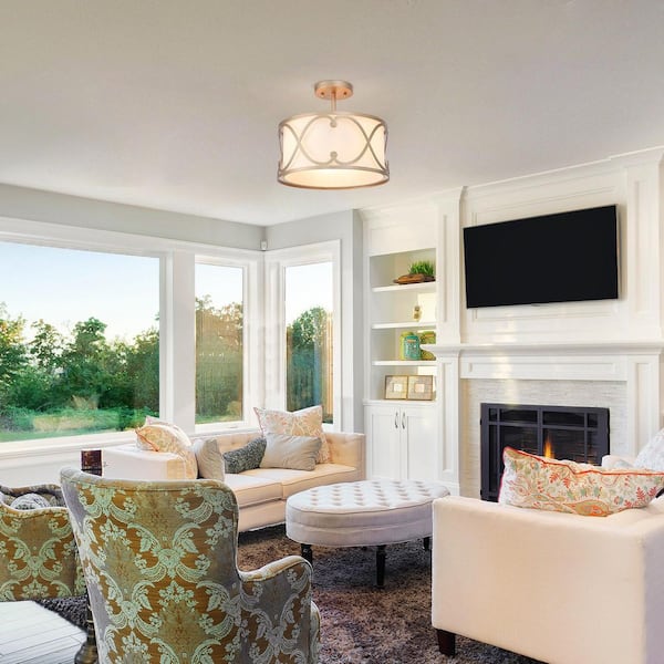 13 in. Transitional Semi-Flush Mount Lighting, 3-light Modern Farmhouse Drum Shaded Ceiling Light with White Linen Shade