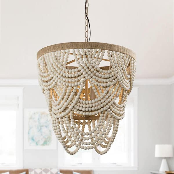 Hatfield 4-Light Bohemia Style Natural Wood Beaded Tiered Chandelier