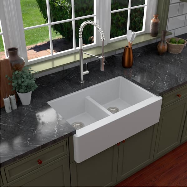 QA-750 Quartz/Granite 34 in. Double Bowl 50/50 Farmhouse/Apron Front Kitchen Sink in White with Grid and Strainer