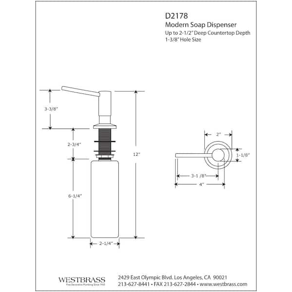 Contemporary Kitchen Sink Deck Mount Liquid Soap/Soap Dispenser with Refillable 12 oz Bottle, Polished Nickel