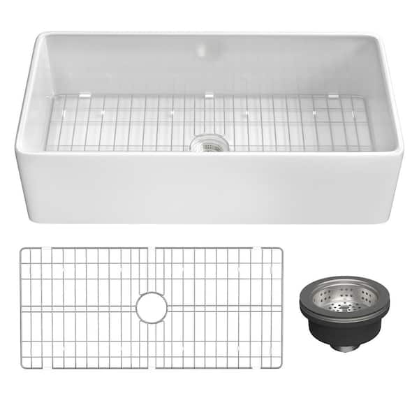 White Fireclay 36 in. Single Bowl Farmhouse Apron Kitchen Sink with Bottom Grid and Basket Strainer