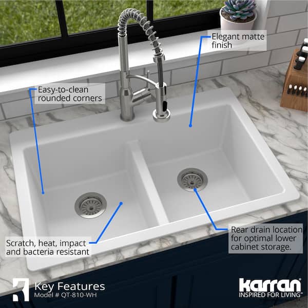 White Quartz 33 in. 50/50 Double Bowl Composite Drop-in Kitchen Sink