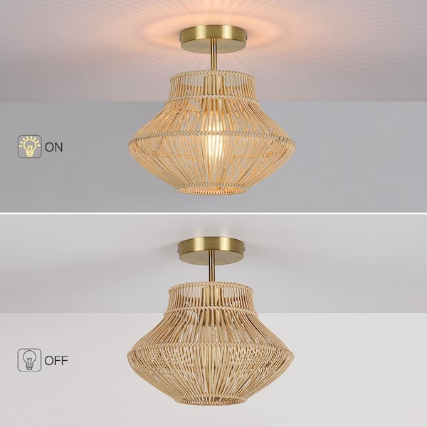 D 12 in. x H 11.3 in. 1-Light Brass/Wheat Bohemian Rattan Semi-Flush Mount Ceiling Light