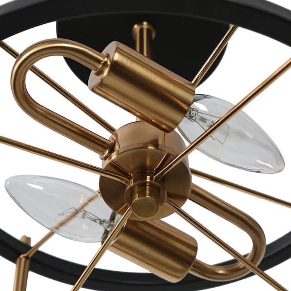 12 in. 2-Light Black Modern Semi-Flush Mount, Brass-Plated Ceiling Light, Farmhouse Open Cage Light Fixture