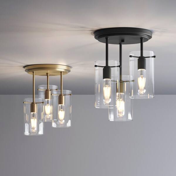 Ophelia Semi Flush Mount Ceiling Light, 15 in. Gold 3-Light Kitchen Fixture with Glass Shade