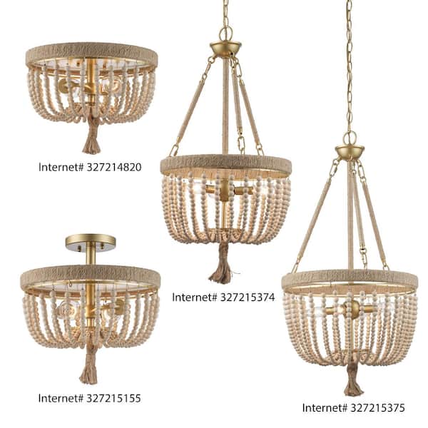 Taylan 14 in. 2-Light Antique Gold Semi Flush Mount Ceiling Light Fixture with Jute Rope and Wood Beaded Shade