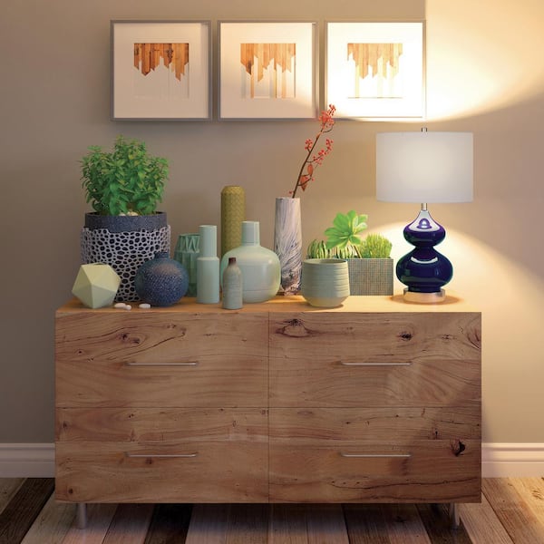 Katrina 23 in. Navy Blue Glass and Satin Nickel Table Lamp with Fabric Shade