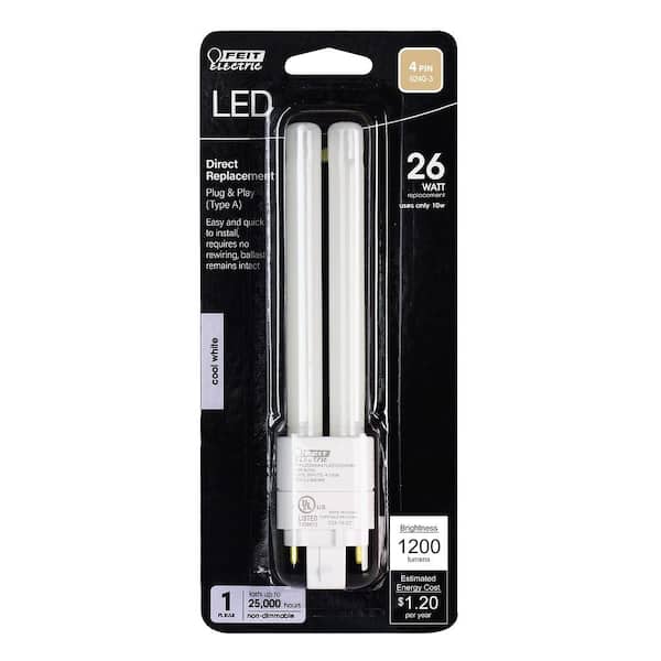 26-Watt Equivalent PL Quad Tube CFLNI 4-Pin Plugin G24Q-3 Base CFL Replacement LED Light Bulb Cool White 4100K (24-Pack)