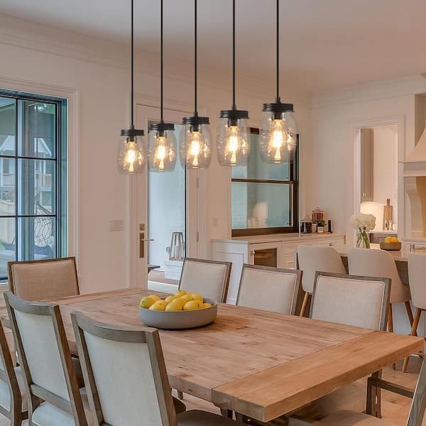 Modern Farmhouse Wood DIY Island Chandelier 5-Light Industrial Dark Brown Linear Pendant Light with Mason Jar Shade