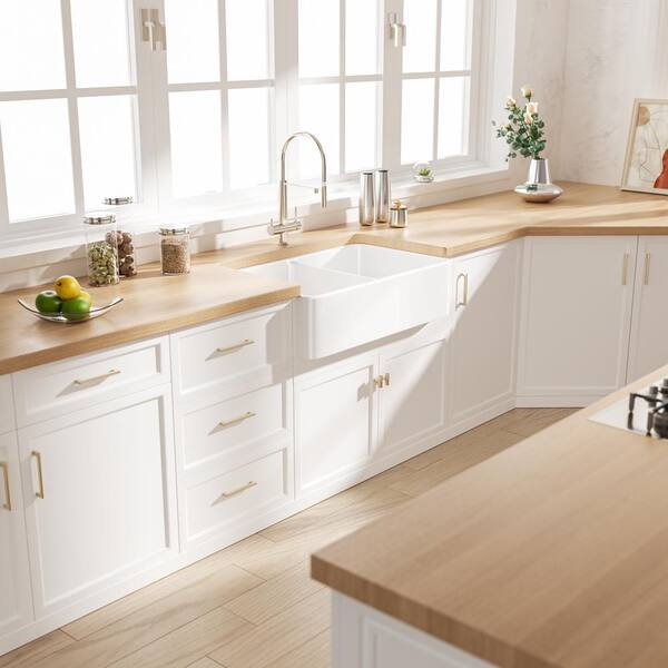 Denbigh Crisp White Fireclay 33 in. Double Bowl Farmhouse Apron Kitchen Sink with Bottom Grid