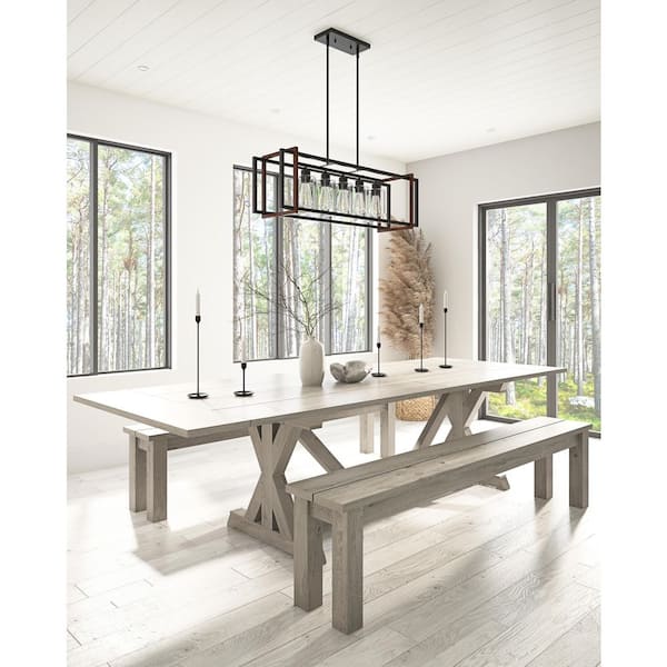 5-Light Black Kitchen Island Statement Square Chandelier Modern with Glass Shade Hanging Light Fixture