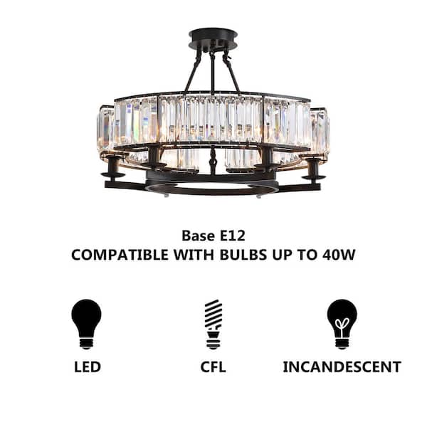 6-Light Black Modern Crystal Chandelier Drum Island Adjustable Hangding Semi Flush Mount Ceiling Light