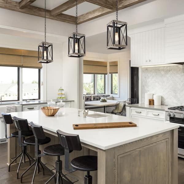 Black Rustic Wood Cage Pendant Light 1-Light Farmhouse Lantern Kitchen Island Pendant Lighting