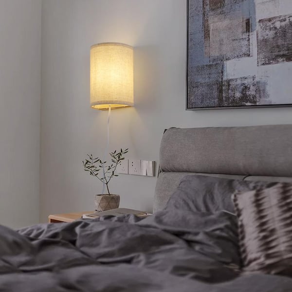 1-Light Off-White Fabric Round LED Wall Sconce Wall Light with Bulb (2-Pack)