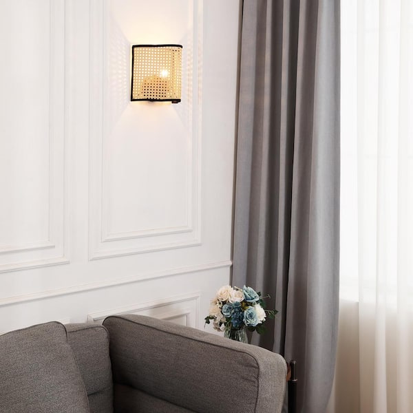 Mid Century Bohemian 1-Light Beige Tan Wall Sconce with PVC Rattan and Velvet Shade