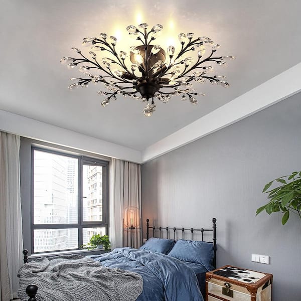 30.7 in. 5-Light Vintage Black Crystal Semi-Flush Mount Branches Design Ceiling Light