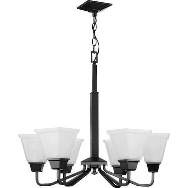 Clifton Heights Collection 26 in. 6-Light Matte Black Chandelier Light with Etched Glass Shades New Traditional