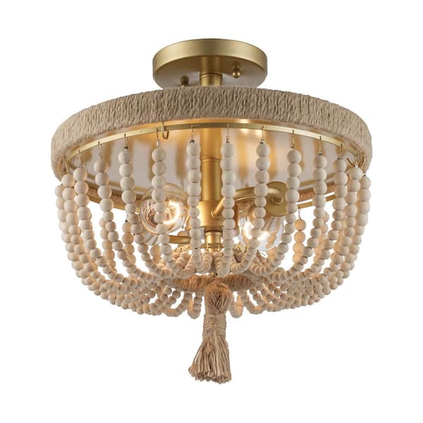 Taylan 14 in. 2-Light Antique Gold Semi Flush Mount Ceiling Light Fixture with Jute Rope and Wood Beaded Shade