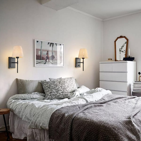 14.7 in. 2-Light Black Wall Sconce Rattan Wrapped Wall Lamp