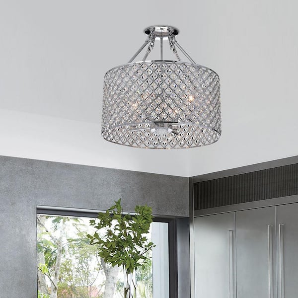 Marya 4-Light Modern Chrome Crystal Semi-Flush Mount Light with Clear Glass Crystal Beaded Drum Shade