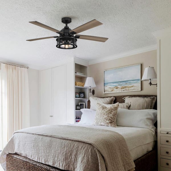 52 in. Industrial Mesh Metal Reversible Blades Black Ceiling Fan with Remote Control and Light Kit