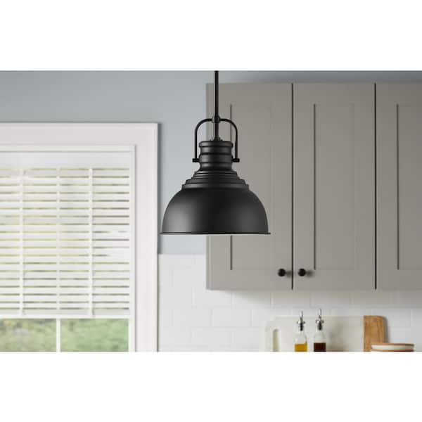 Shelston 10 in. 1-Light Black Farmhouse Pendant Light Fixture with Metal Shade