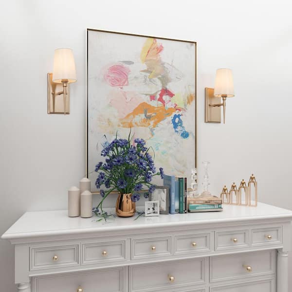 Modern Classic 1-Light Gold Wall Sconce Powder Room Bathroom Vanity Light with Bell Fabric Shade