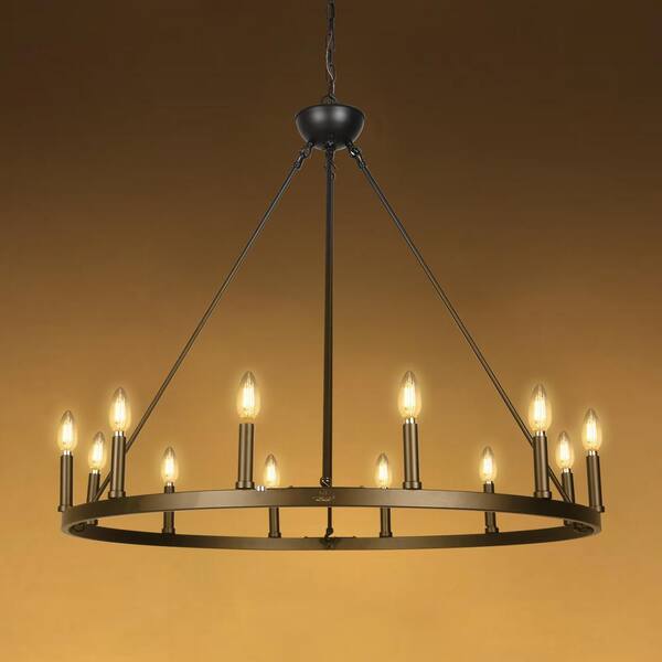 12-Light Matte Black Chandelier Wagon Wheel Steel Frame