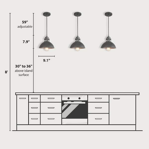 Industrial 1-Light Brushed Silver and Black Island Pendant Light with Classic Dome Shade Barn Pendant LED Compatible