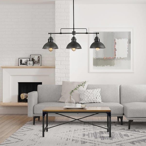 Industrial Black Island Chandelier Farmhouse Barn Pendant Light 3-Light Linear Pendant Light with Brushed Silver Shades