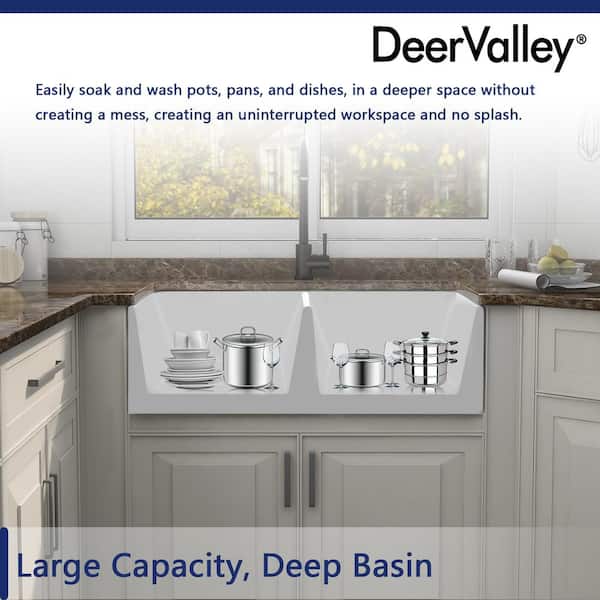 Eclipse White Ceramic 33 in. L 50/50 Rectangular Double Basin Farmhouse Apron Kitchen Sink with Grid and Strainer