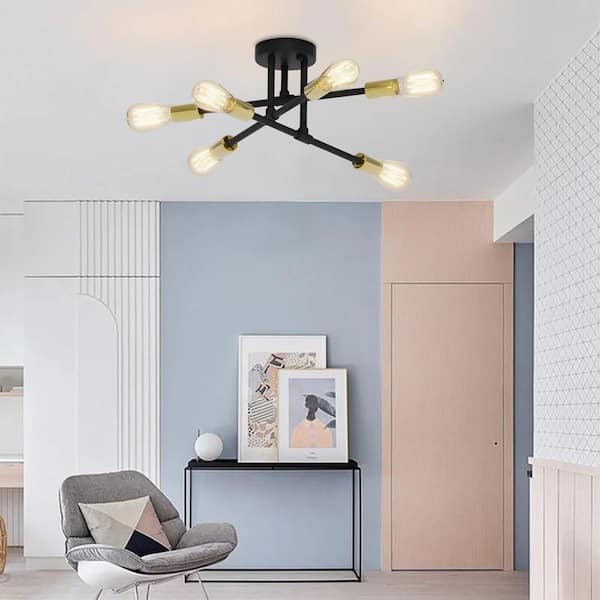 17.5 in. 6-Light Black Sputnik Semi-Flush Mount Ceiling Light