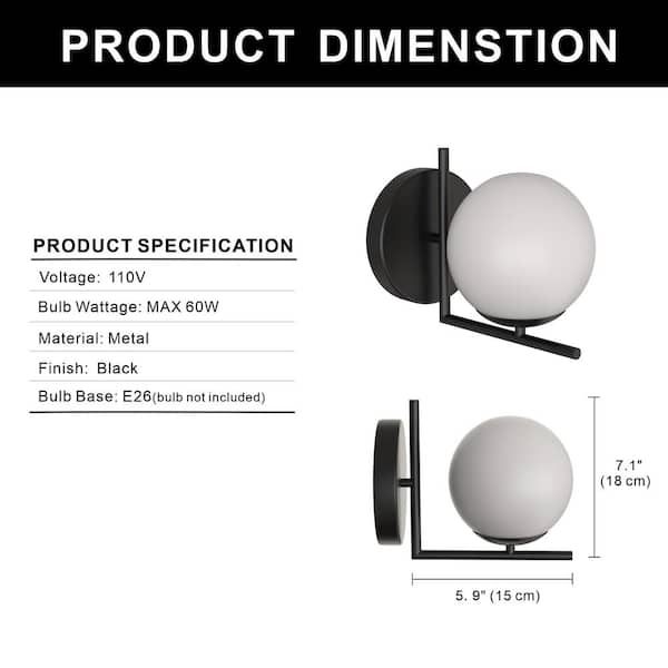 7.87 in.1-Light Black Modern Bathroom Vanity Wall Light with White Shade