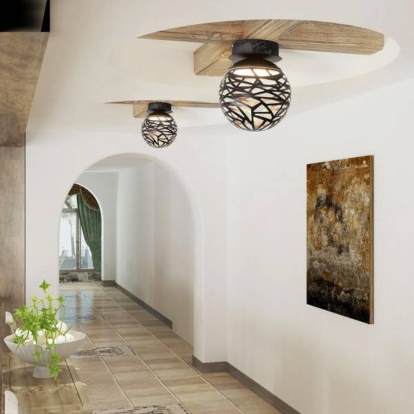 8 in. 12-Watt Globe Black Integrated LED Flush Mount with Metal Lampshade