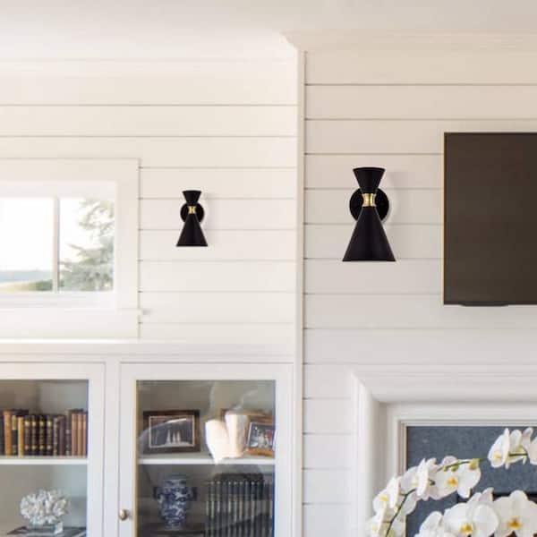 1-Light Black Wall Sconce with Brass Accents
