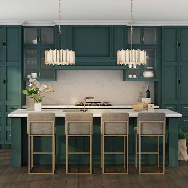 4-Light Copper Modern Drum Island Chandelier with White Stained Glass Shade Vintage Gold Accents