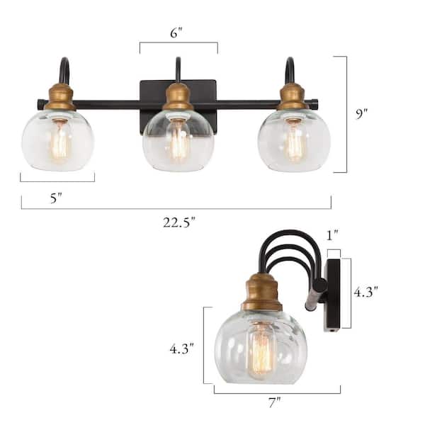 22 in. 3-Light Modern Aged Brass and Black Bathroom Vanity Light with Clear Glass Globe Shades