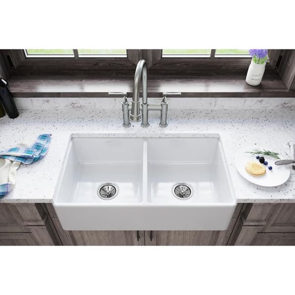 Burnham White Fireclay 33 in. Double Bowl Farmhouse Apron Kitchen Sink