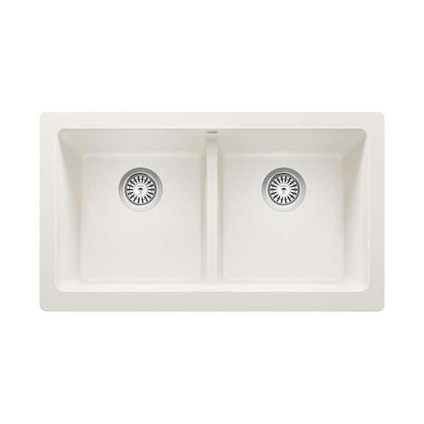 VINTERA White Granite Composite 33 in. 50/50 Double Bowl Farmhouse Apron Kitchen Sink