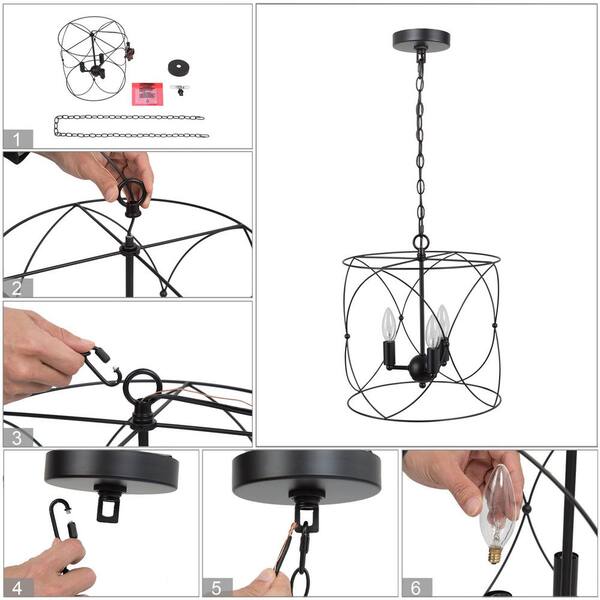 Black Drum Dining Room Chandelier, 3-Light Modern Farmhouse Kitchen Cage Pendant Chandelier Light