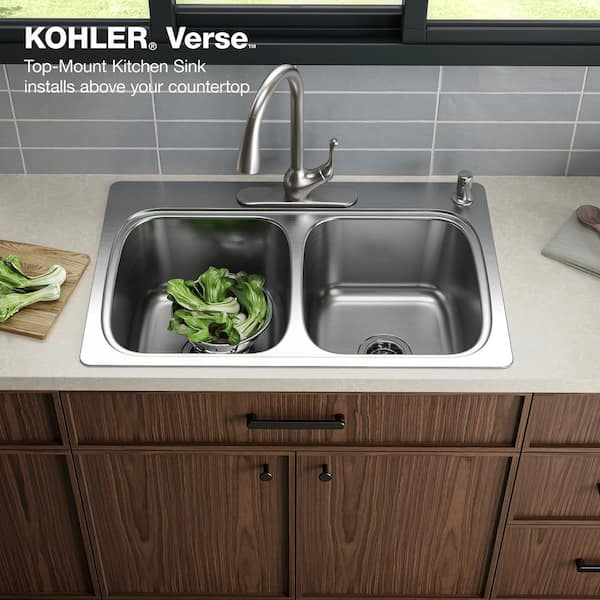 Verse 33 in. Drop-in Double Bowl 20 Gauge Stainless Steel Kitchen Sink with 4-Holes