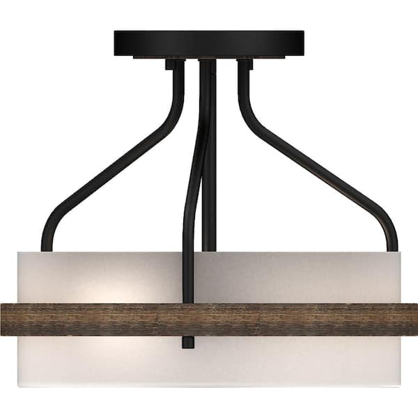 Emery 2-Light Walnut and Black Indoor Semi-Flush Mount Ceiling Fixture with Frosted Glass Drum