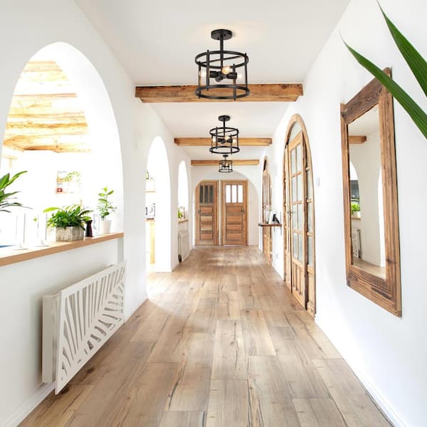 Black Semi Flush Mount Rustic 4-Light Drum Farmhouse Ceiling Lights Bronze Bedroom Ceiling Light Fixtures