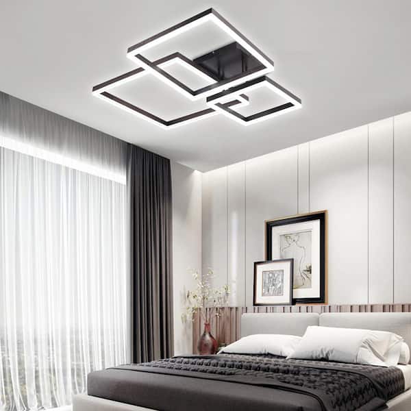 32 in. 1-Light Black Modern Geometric Design Selectable LED Semi-Flush Mount Ceiling Light with Remote