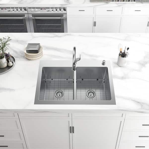 AIO Dolancourt 33 in. Drop-in/Undermount Double Bowl 18 Gauge Stainless Steel Kitchen Sink with Pull-Down Faucet