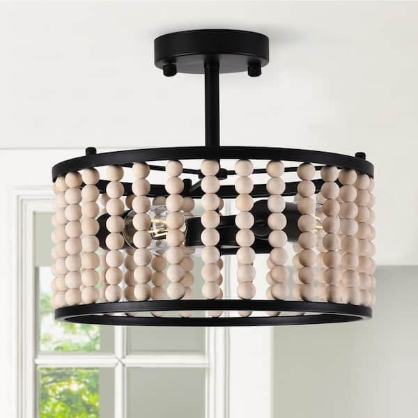 13 in. 3-Light Matte Black Wood Bead Semi-Flush Mount Ceiling Light Farmhouse Boho Light Fixture
