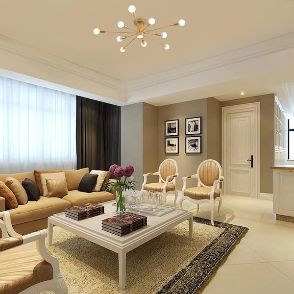 Wingard 39.37in. 10-Light Gold Modern Sputnik Ceiling Light Mid-Century Semi-Flush Mount with A LED Spotlight