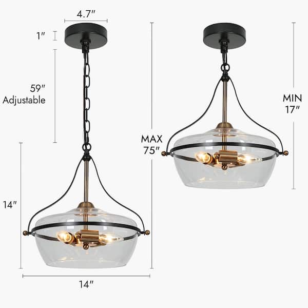 14 in. Modern 3-Light Brass Gold Chandelier Light, Black Bowl Hanging Pendant with Clear Glass Hanging Ceiling Light